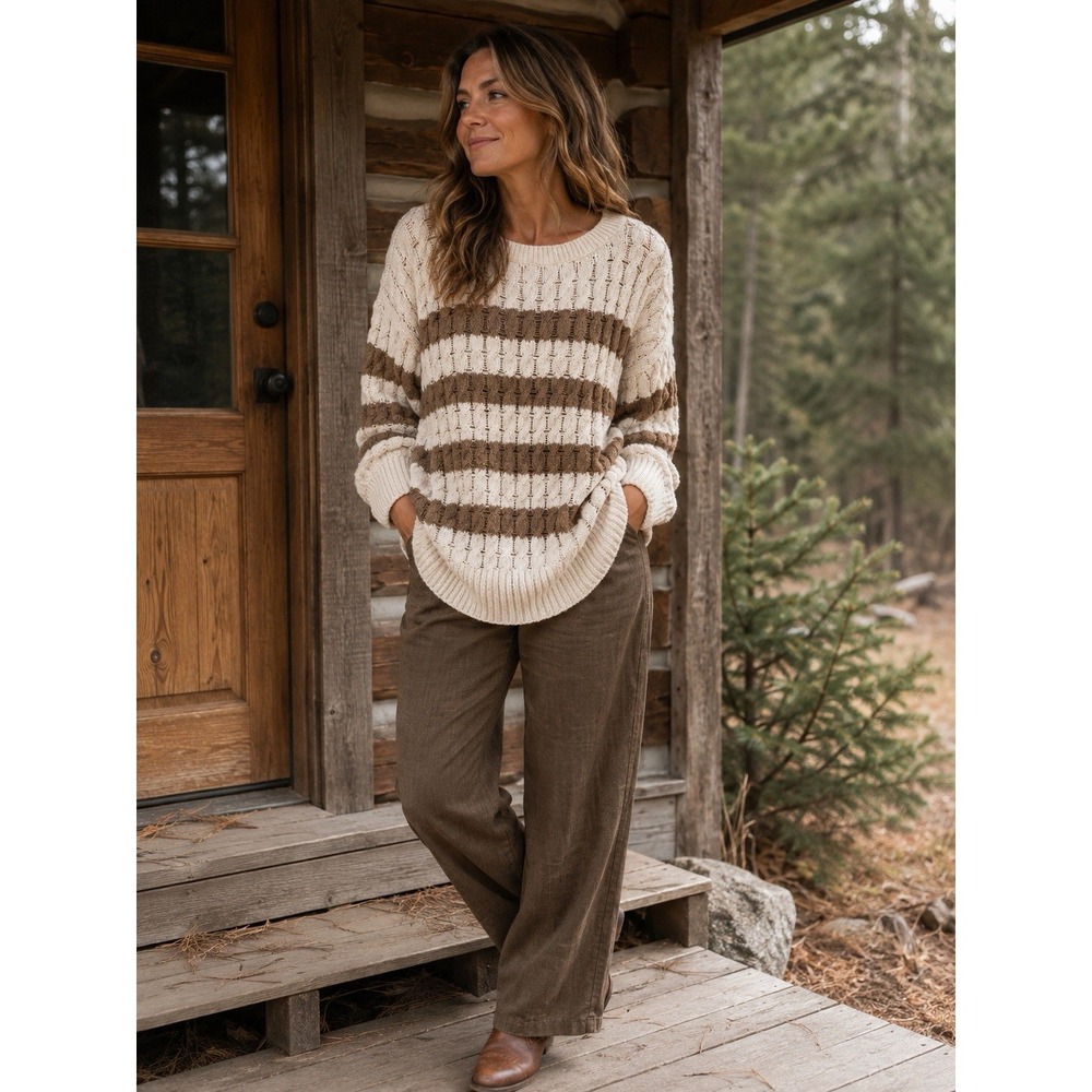 Pilcro Anthropologie M Cream Tan Stripe Cable Knit Sweater Oversized Cozy Cabin